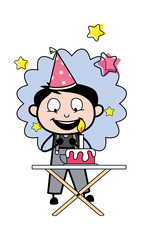 Celebrating Birthday Party - Retro Repairman Cartoon Worker Vector Illustration