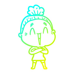 cold gradient line drawing cartoon happy old lady