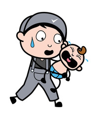 Holding a Crying Baby and Trying to Shut Up - Retro Repairman Cartoon Worker Vector Illustration