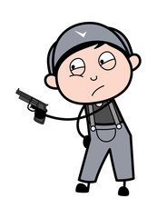 Pointing with Gun - Retro Repairman Cartoon Worker Vector Illustration