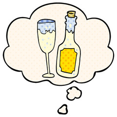 cartoon champagne bottle and glass and thought bubble in comic book style