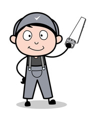 Showing Hand-Saw - Retro Repairman Cartoon Worker Vector Illustration