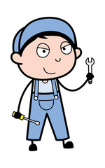 Showing Repairing Tools - Retro Repairman Cartoon Worker Vector Illustration