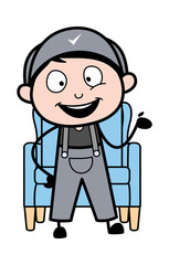 Happily Presenting - Retro Repairman Cartoon Worker Vector Illustration