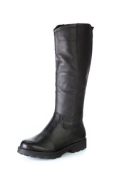 Woman high knee leather boots isolated on white background