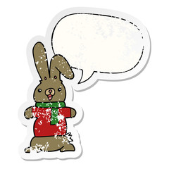 cartoon rabbit and speech bubble distressed sticker