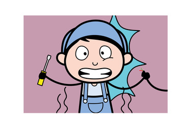 Electric Shock - Retro Repairman Cartoon Worker Vector Illustration