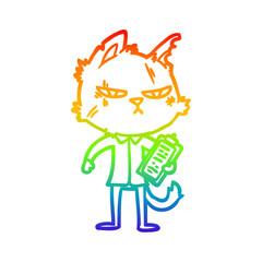 rainbow gradient line drawing tough cartoon cat with clipboard