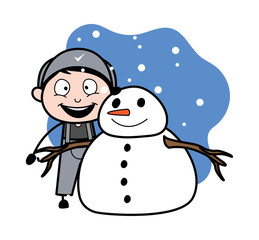 Taking a Picture with Snowman - Retro Repairman Cartoon Worker Vector Illustration