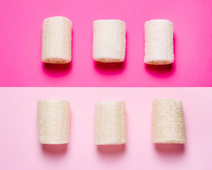 Loofah on a pink background. Organic natural sponge.