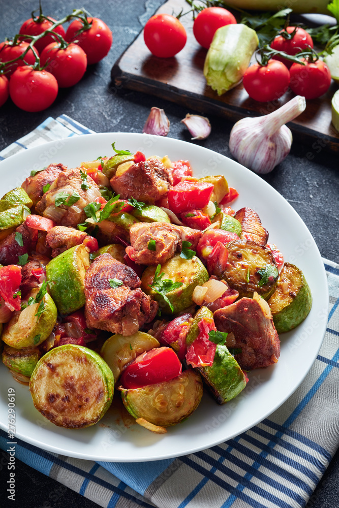 Poster close-up of veggies ratatouille with chicken meat