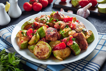 Veggies Ratatouille with chicken meat, top view