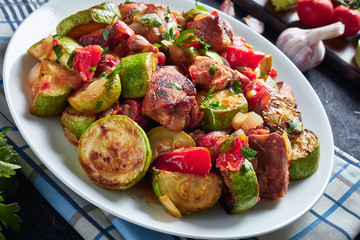 Veggies Ratatouille with chicken meat, top view