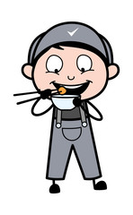 Eating Food with Chopsticks - Retro Repairman Cartoon Worker Vector Illustration