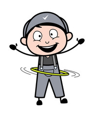 Playing with Hula Hoop - Retro Repairman Cartoon Worker Vector Illustration