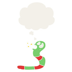 cartoon frightened worm and thought bubble in retro style
