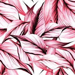 Seamless pattern with a pencil of tropical leaves, calla flowers. manual graphics. Botanical flower, floral pattern for textile decor and design, patterns. botanical color illustration. stock graphics