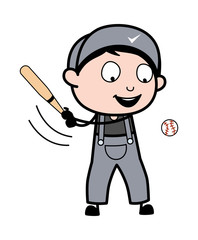Playing Baseball Bat - Retro Repairman Cartoon Worker Vector Illustration