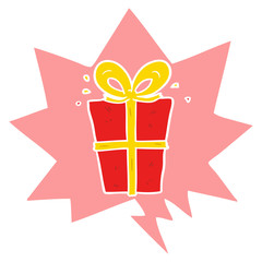 cartoon wrapped gift and speech bubble in retro style