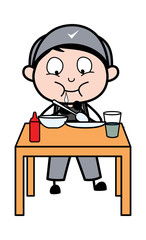 Having Dinner - Retro Repairman Cartoon Worker Vector Illustration