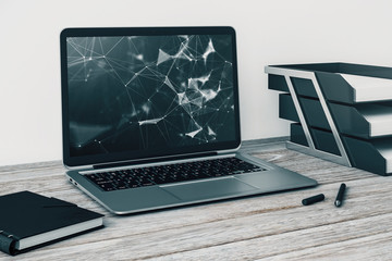 Laptop closeup with abstract tech drawing on computer screen. Technology innovation concept. 3d rendering.