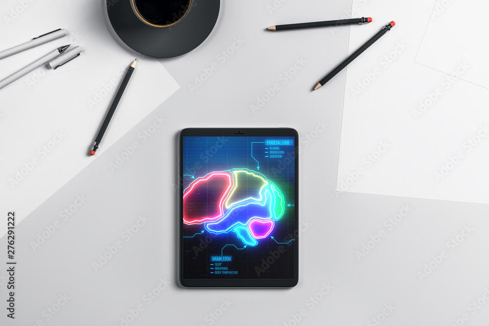 Poster digital tablet closeup top view with brain drawing on screen. education concept. 3d rendering.