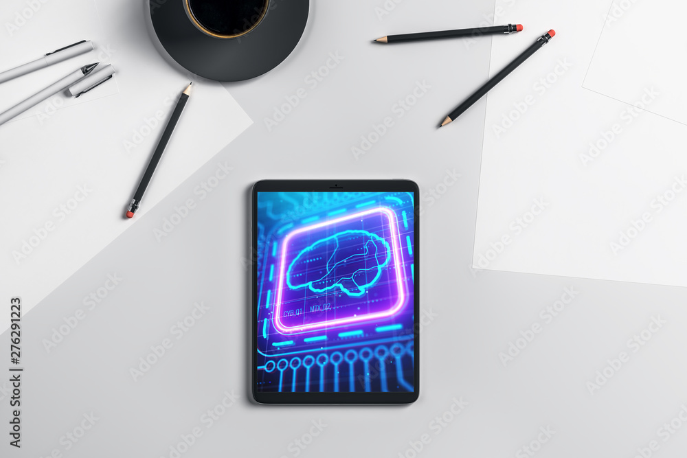 Poster digital tablet closeup with brain drawing on screen. data technology concept. 3d rendering.
