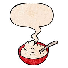 cartoon bowl of porridge and speech bubble in retro texture style