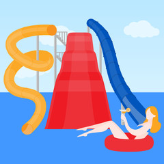 Cartoon water park with slides and pool. Flat summer vacation entertainment, active holiday rest. Girl on the lifebuoy in Aqua park