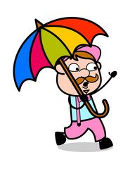 Running with Umbrella - Retro Delivery Man Vendor Vector Illustration