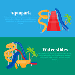 Cartoon Family water park with slides and pool. Flat summer vacation entertainment, active holiday rest. Aqua park extreme attraction