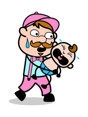 Running with a Crying Baby - Retro Delivery Man Vendor Vector Illustration