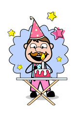 Celebrating Birthday with Cake - Retro Delivery Man Vendor Vector Illustration