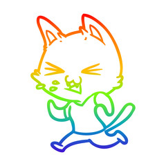 rainbow gradient line drawing cartoon running cat hissing