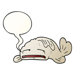 cartoon sad old fish and speech bubble in smooth gradient style