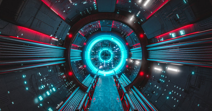 Sci corridor spaceship interior that leads to a super computer AI future technology concept  3d rendering 