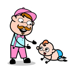 A Father Playing with His Baby - Retro Delivery Man Vendor Vector Illustration
