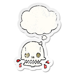 cartoon spooky skull and thought bubble as a distressed worn sticker