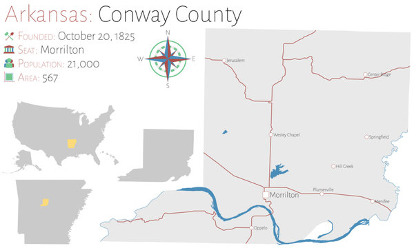 Large And Detailed Map Of Conway County In Arkansas, USA