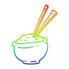 rainbow gradient line drawing cartoon bowl of rice with chopsticks