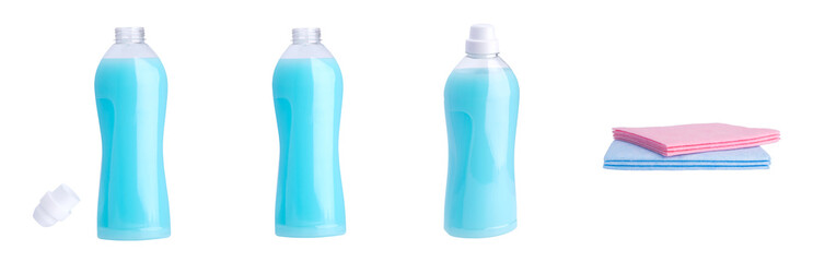 a set of blue fabric softener, in different actions, open, closed and without a lid, rags lying next to it, on a white background