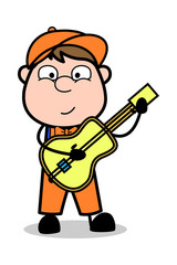 Playing Guitar - Retro Cartoon Carpenter Worker Vector Illustration