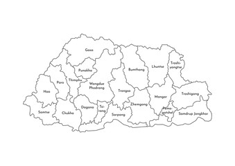 Vector isolated illustration of simplified administrative map of Bhutan. Borders and names of the regions. Black line silhouettes