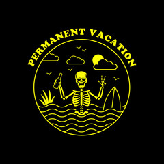 PERMANENT VACATION SKELETON SURFER BADGE YELLOW BLACK BACKGROUND