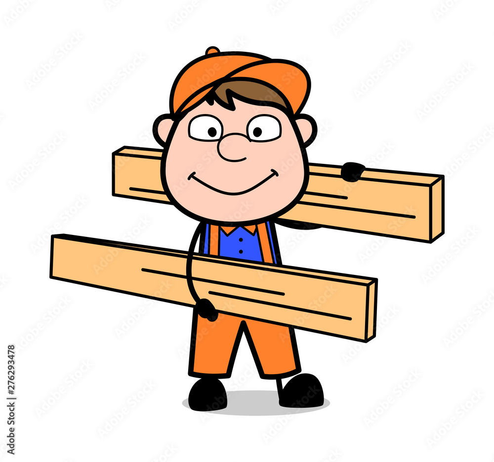 Wall mural Carrying Wooden Plank - Retro Cartoon Carpenter Worker Vector Illustration