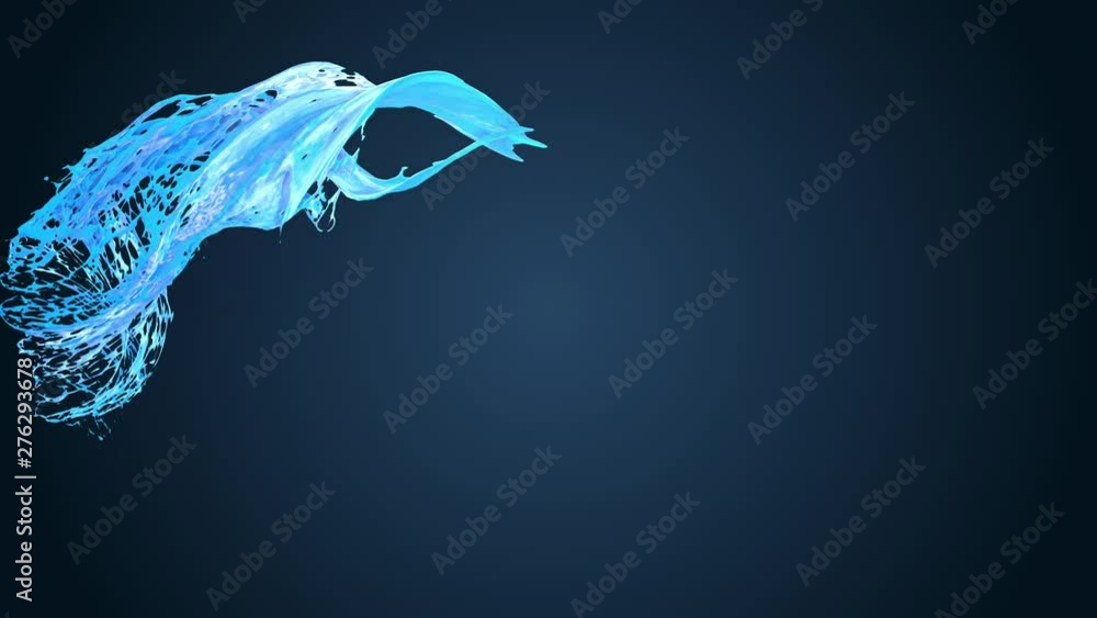 Poster 4k blue splash moves past the camera in slow motion in cartoon style. 3d animation of liquid with lu