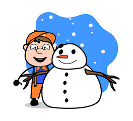 Taking a Picture with Snowman - Retro Cartoon Carpenter Worker Vector Illustration