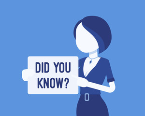 Did you know female announcement. Girl with sign, click for useful information, tutorial help banner, woman health assistance. Promotion, advertising service. Vector illustration, faceless characters
