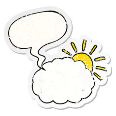 cartoon sun and cloud symbol and speech bubble distressed sticker
