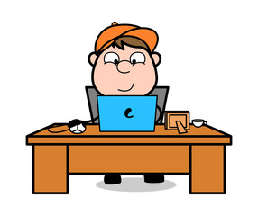 Laptop Work - Retro Cartoon Carpenter Worker Vector Illustration